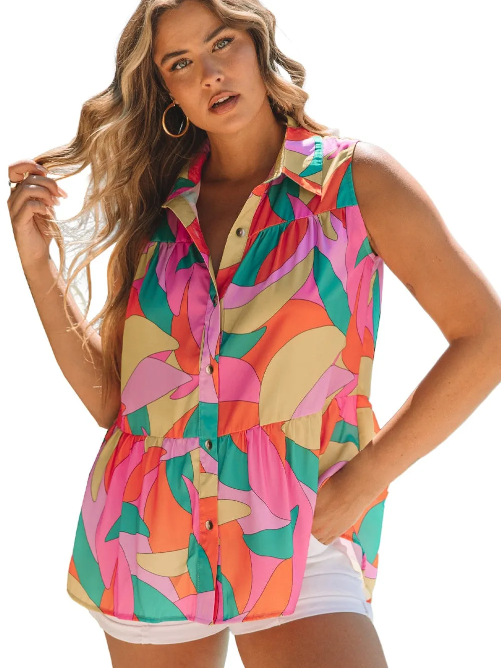 Abstract Shift Style Multicolor Sleeveless Shirt