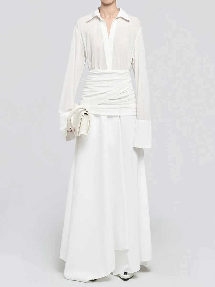 Asymmetric Hem Mesh Long Sleeve Maxi Dress