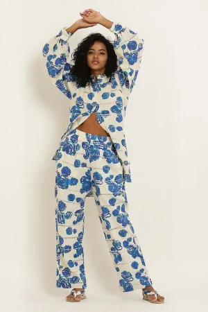 Blue Cotton Rose Print Pants