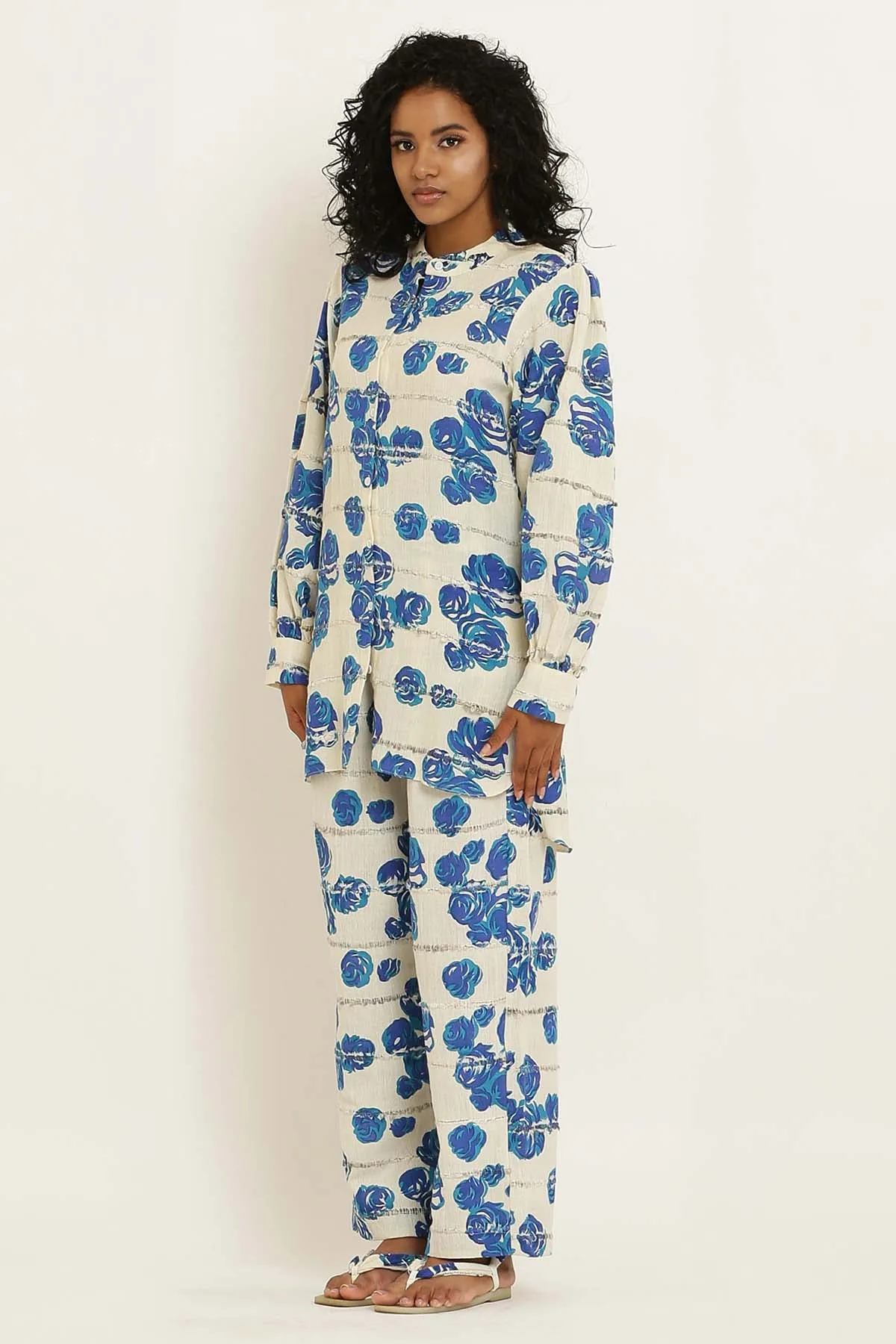Blue Cotton Rose Print Pants
