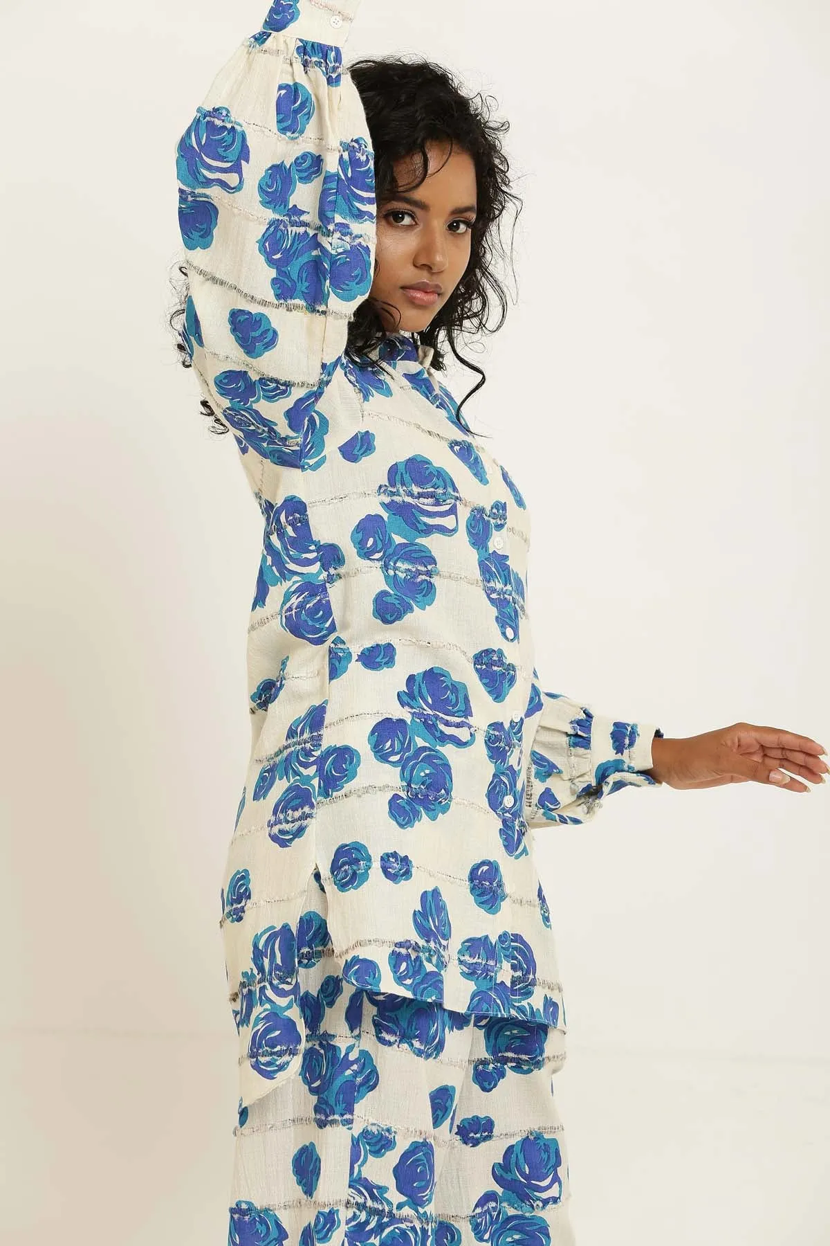 Blue Cotton Rose Print Pants