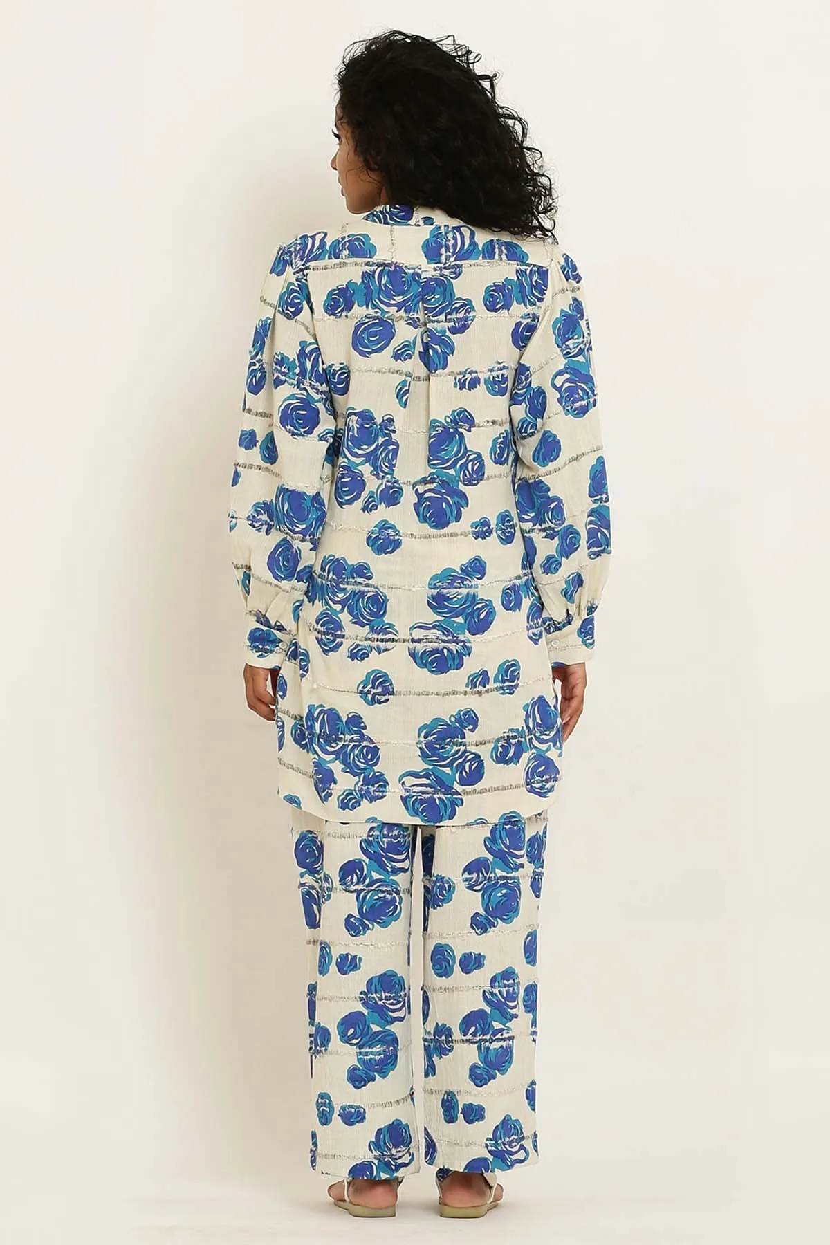 Blue Cotton Rose Print Pants