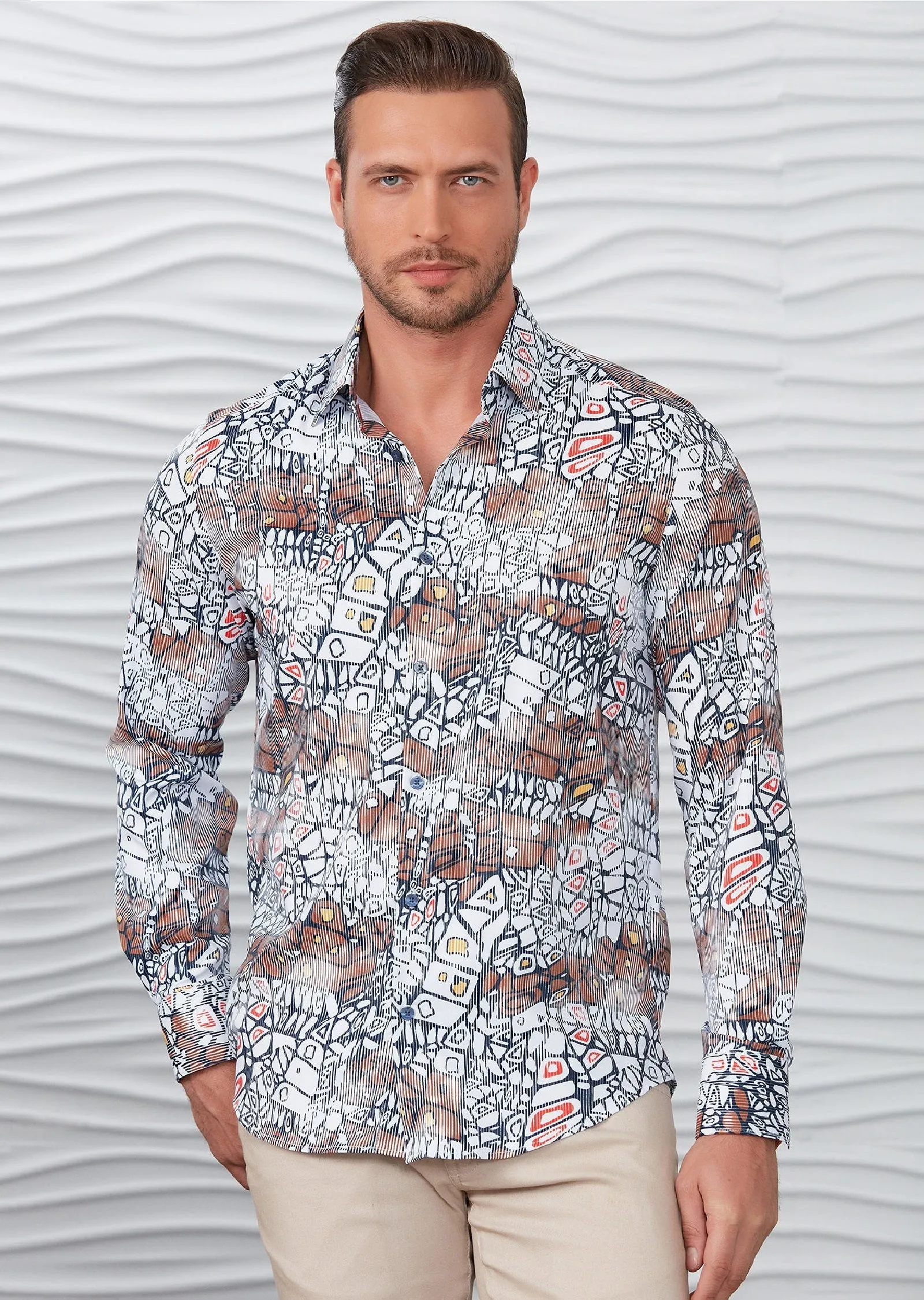 Brown White Mosaic Silky Shirt