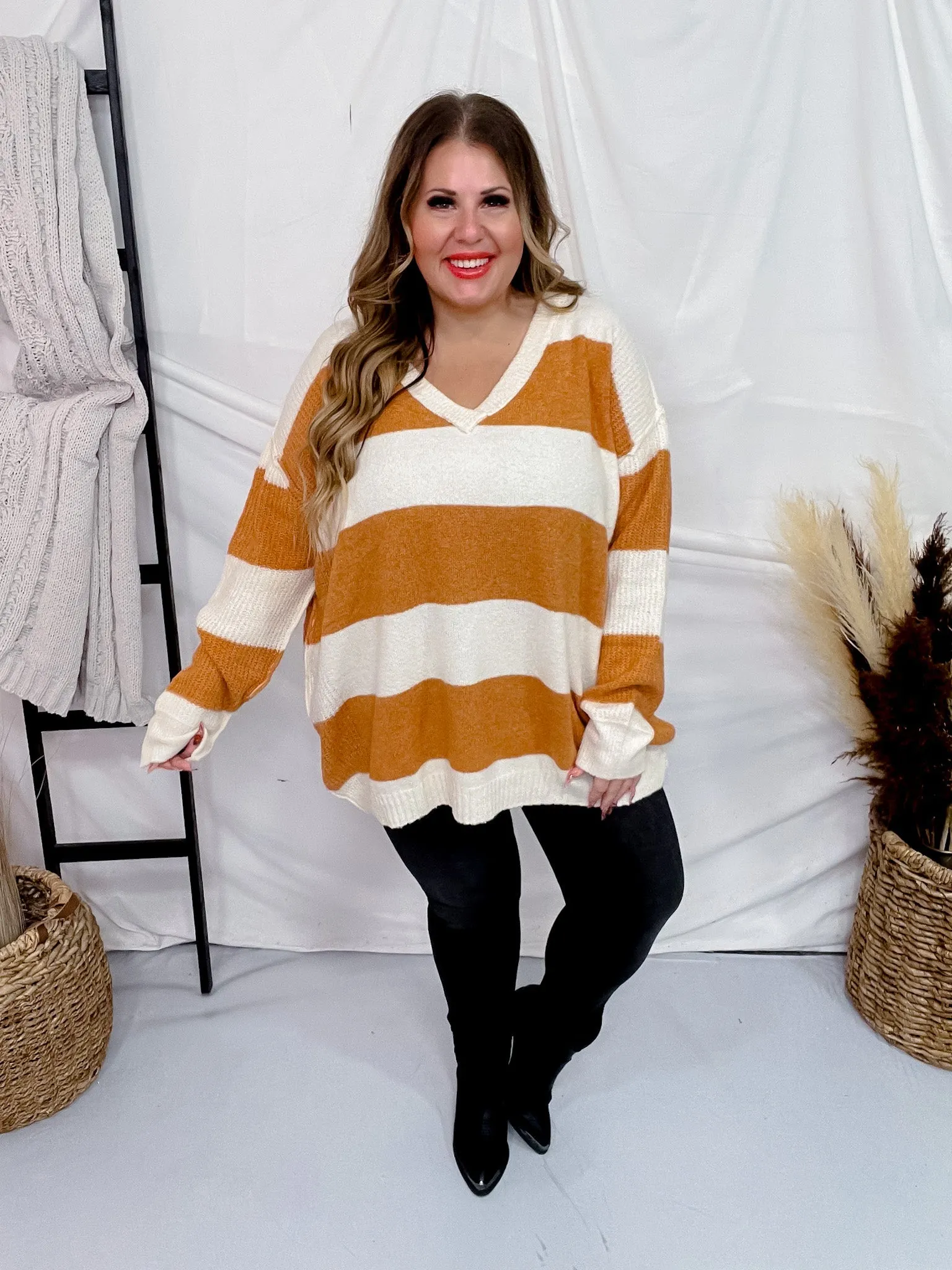 Cream and Orange Rugby Striped Sweater
