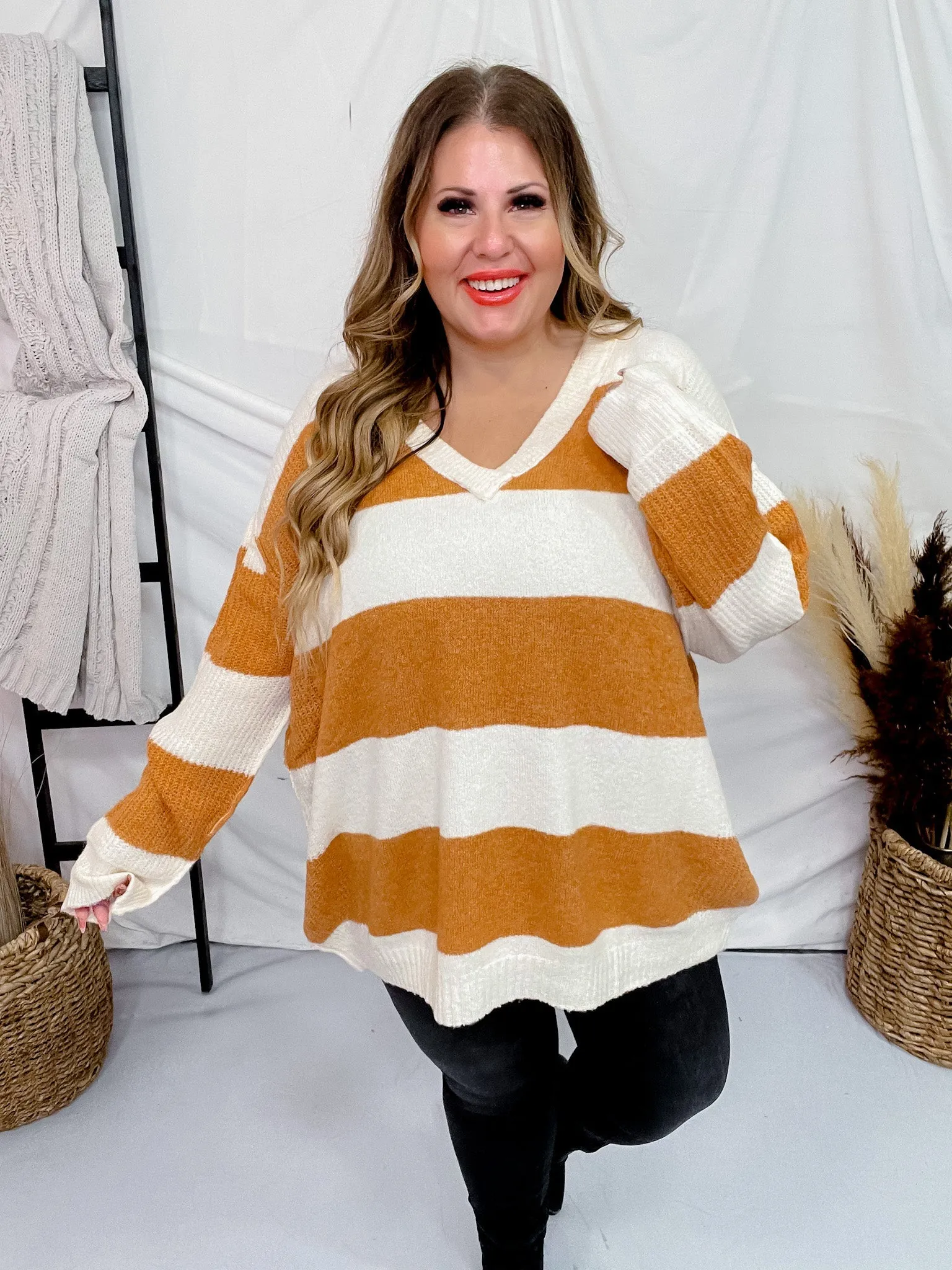Cream and Orange Rugby Striped Sweater