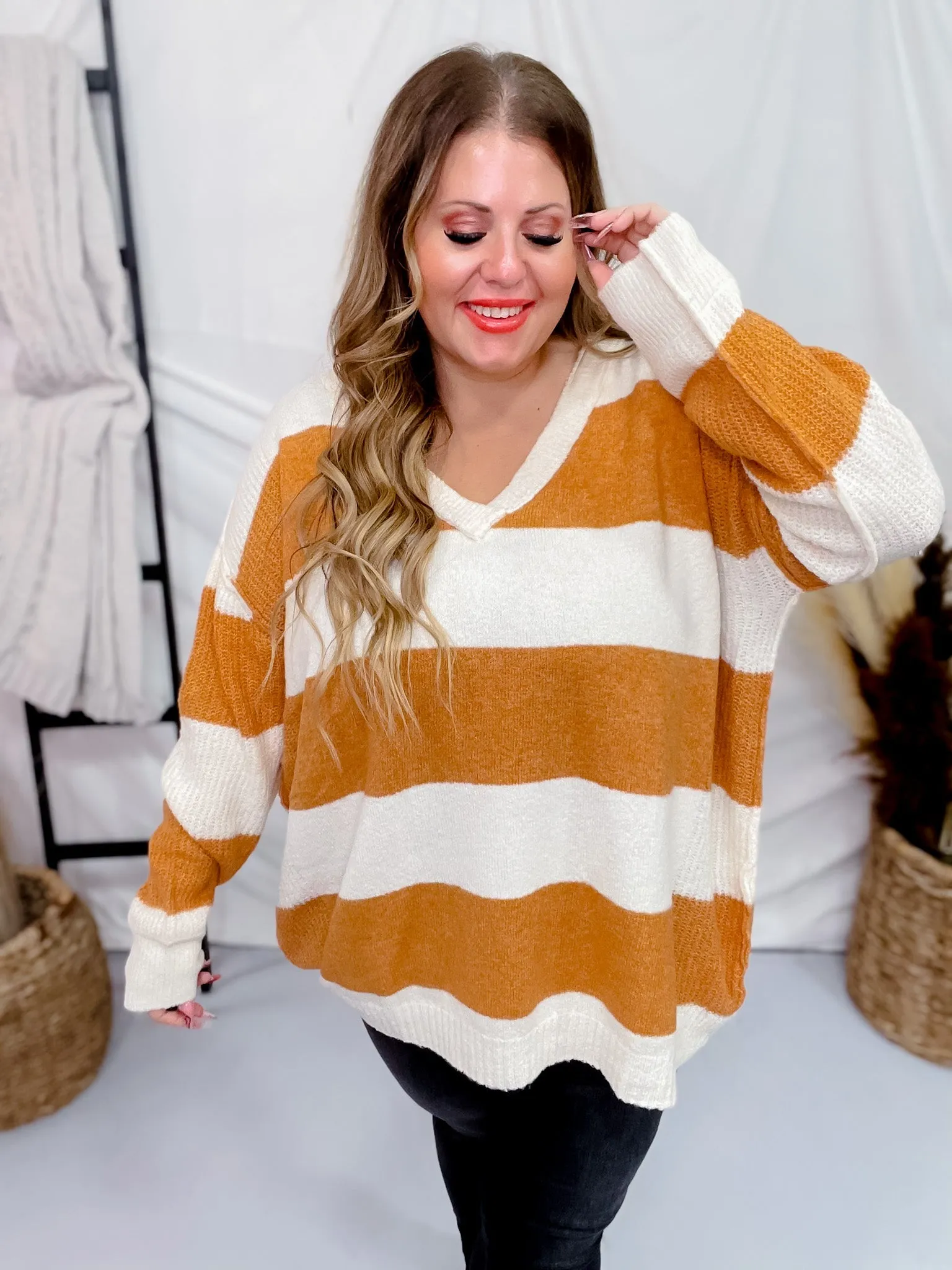 Cream and Orange Rugby Striped Sweater