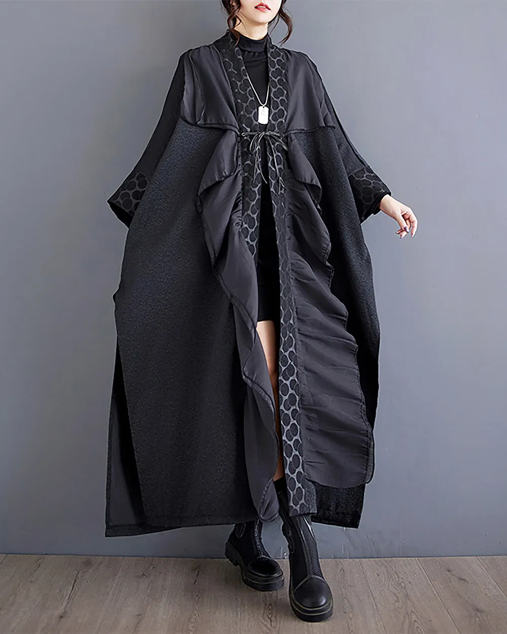 ellazhu Women's Coat Solid Black Long Sleeve Split Flowy Hem Oversize Length to Ankle Loose Fall GZ271