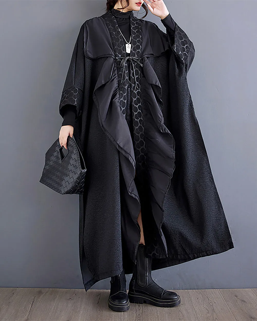 ellazhu Women's Coat Solid Black Long Sleeve Split Flowy Hem Oversize Length to Ankle Loose Fall GZ271