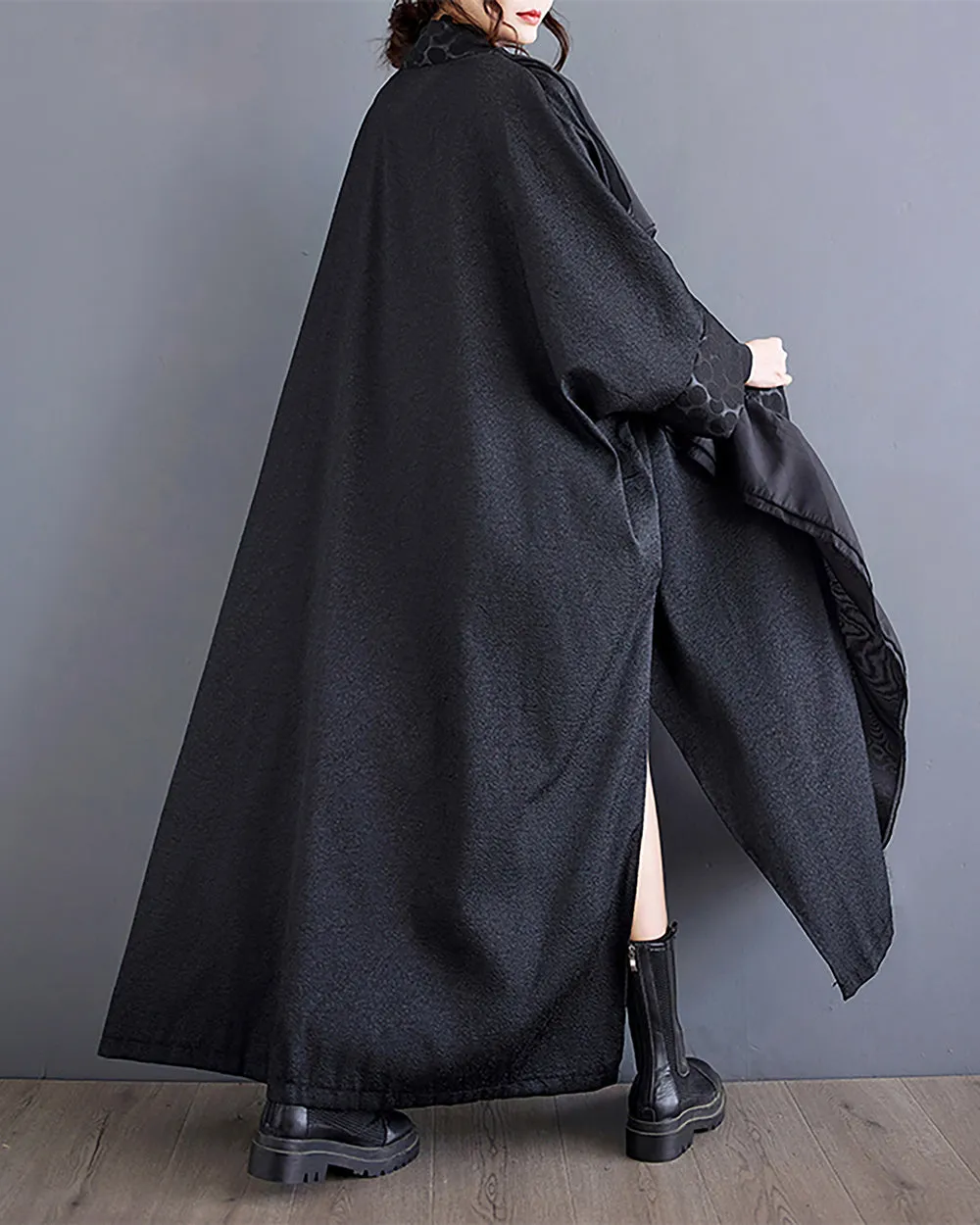 ellazhu Women's Coat Solid Black Long Sleeve Split Flowy Hem Oversize Length to Ankle Loose Fall GZ271