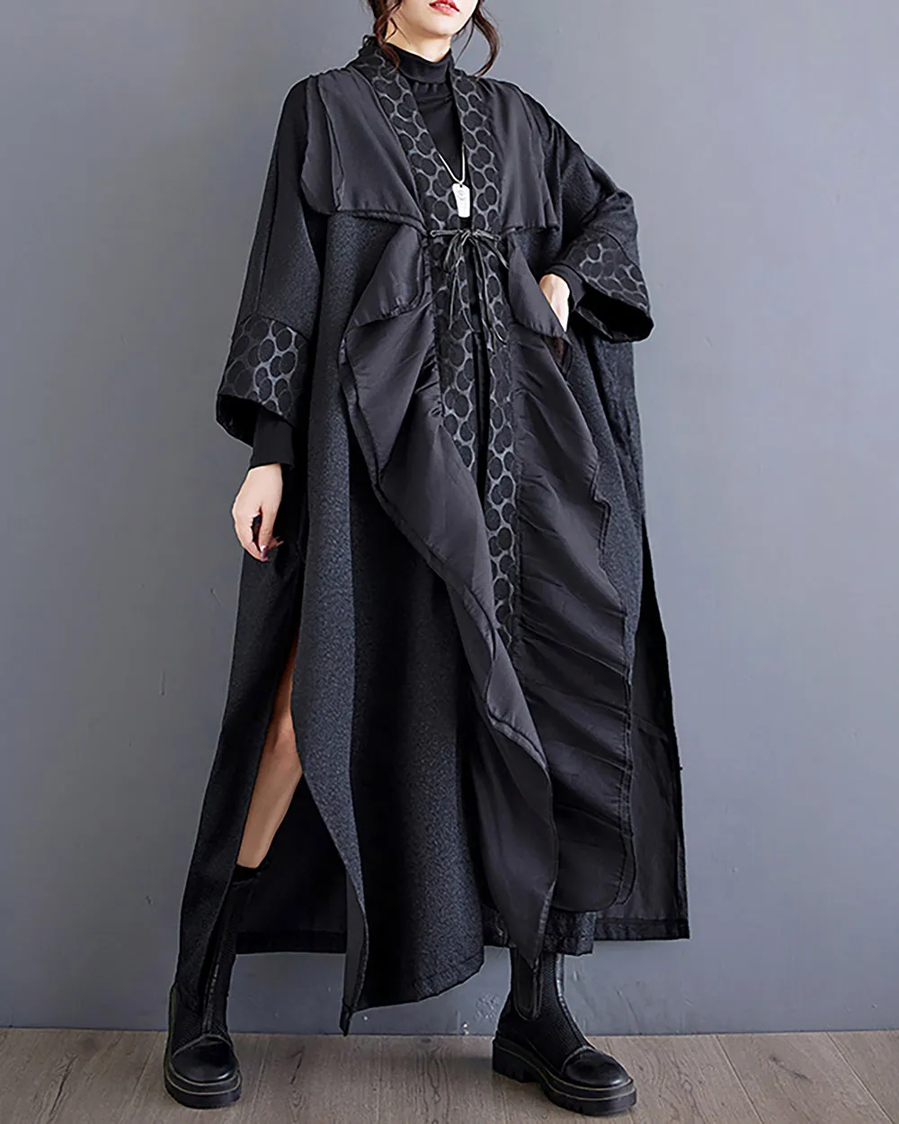 ellazhu Women's Coat Solid Black Long Sleeve Split Flowy Hem Oversize Length to Ankle Loose Fall GZ271