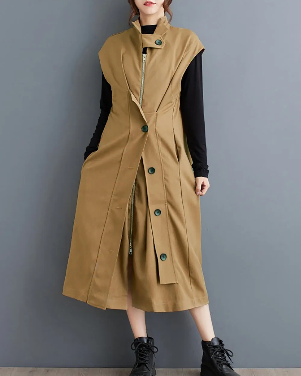 ellazhu Women's Coat Windbreaker Button Down Pocket Solid Zipper Sleeveless Loose Oversize GZ263