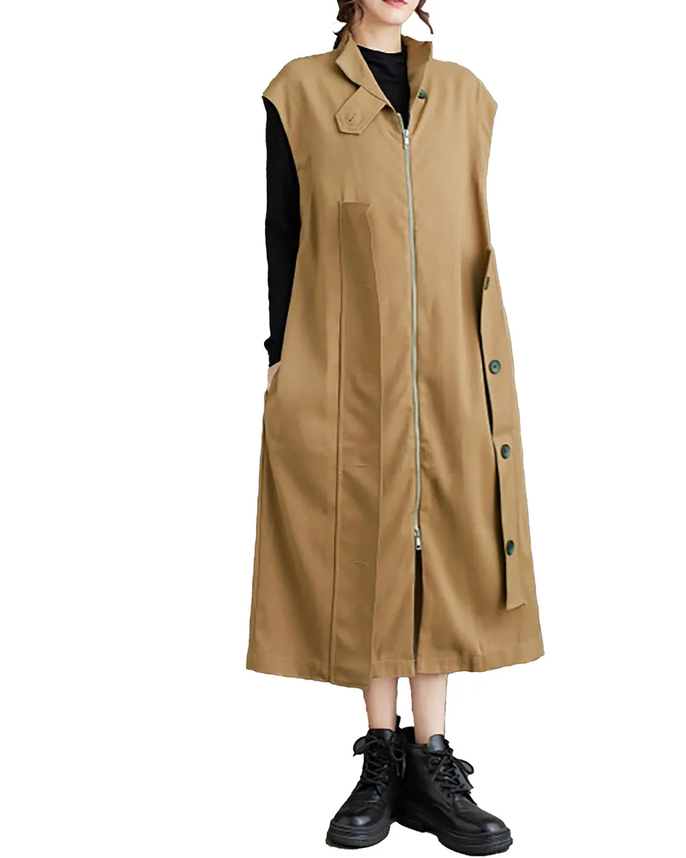 ellazhu Women's Coat Windbreaker Button Down Pocket Solid Zipper Sleeveless Loose Oversize GZ263