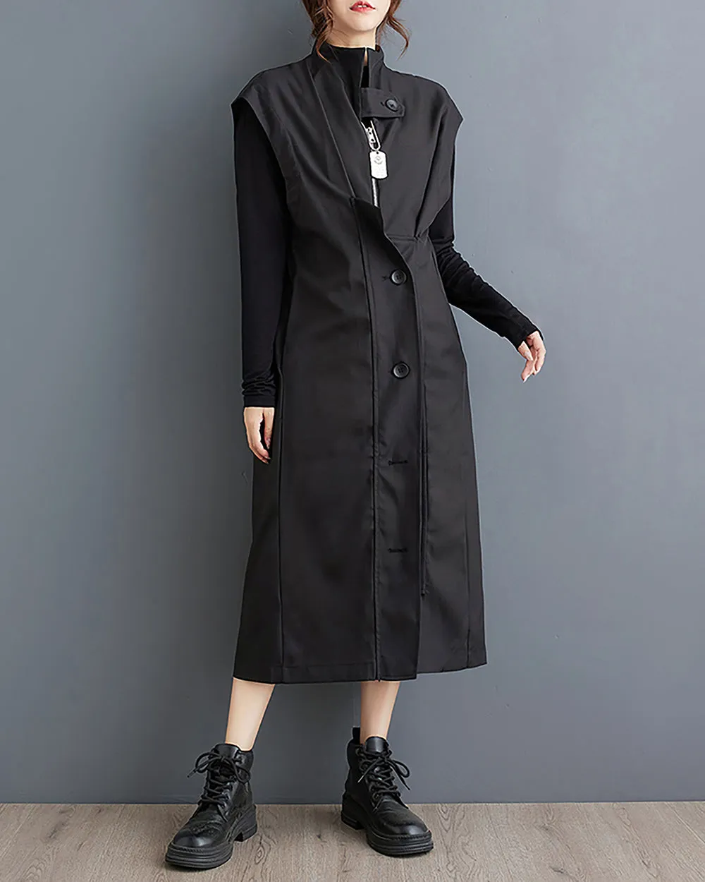 ellazhu Women's Coat Windbreaker Button Down Pocket Solid Zipper Sleeveless Loose Oversize GZ263