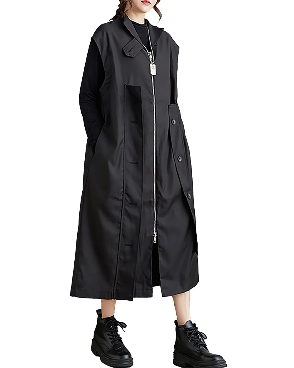 ellazhu Women's Coat Windbreaker Button Down Pocket Solid Zipper Sleeveless Loose Oversize GZ263