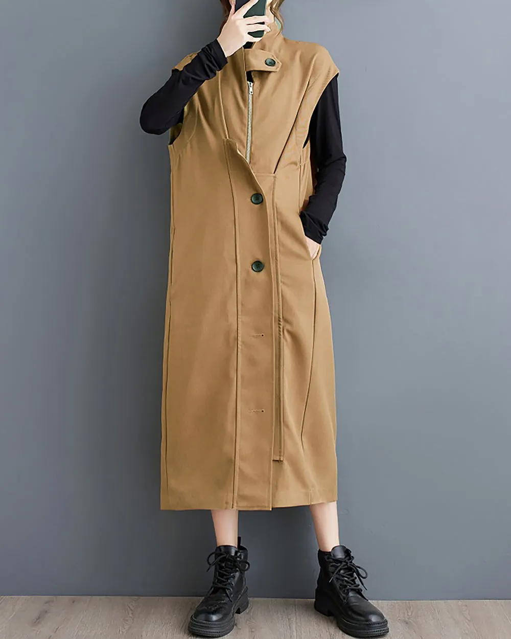 ellazhu Women's Coat Windbreaker Button Down Pocket Solid Zipper Sleeveless Loose Oversize GZ263