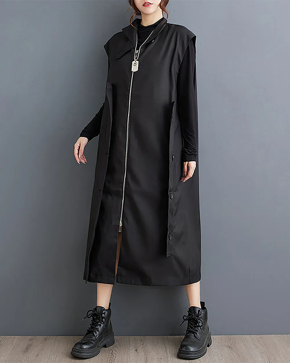 ellazhu Women's Coat Windbreaker Button Down Pocket Solid Zipper Sleeveless Loose Oversize GZ263