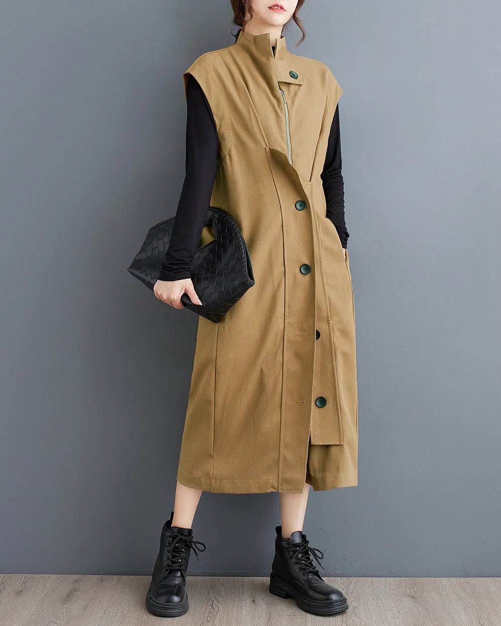 ellazhu Women's Coat Windbreaker Button Down Pocket Solid Zipper Sleeveless Loose Oversize GZ263
