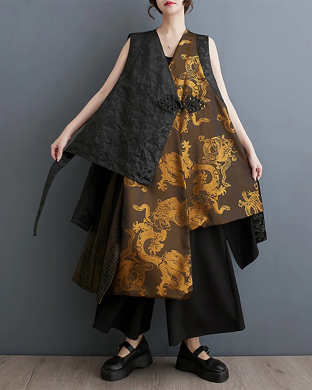 ellazhu Women's Outerwear V-Neck Sleeveless Black and Golden Dragon Pattern Oversize Loose GZ241