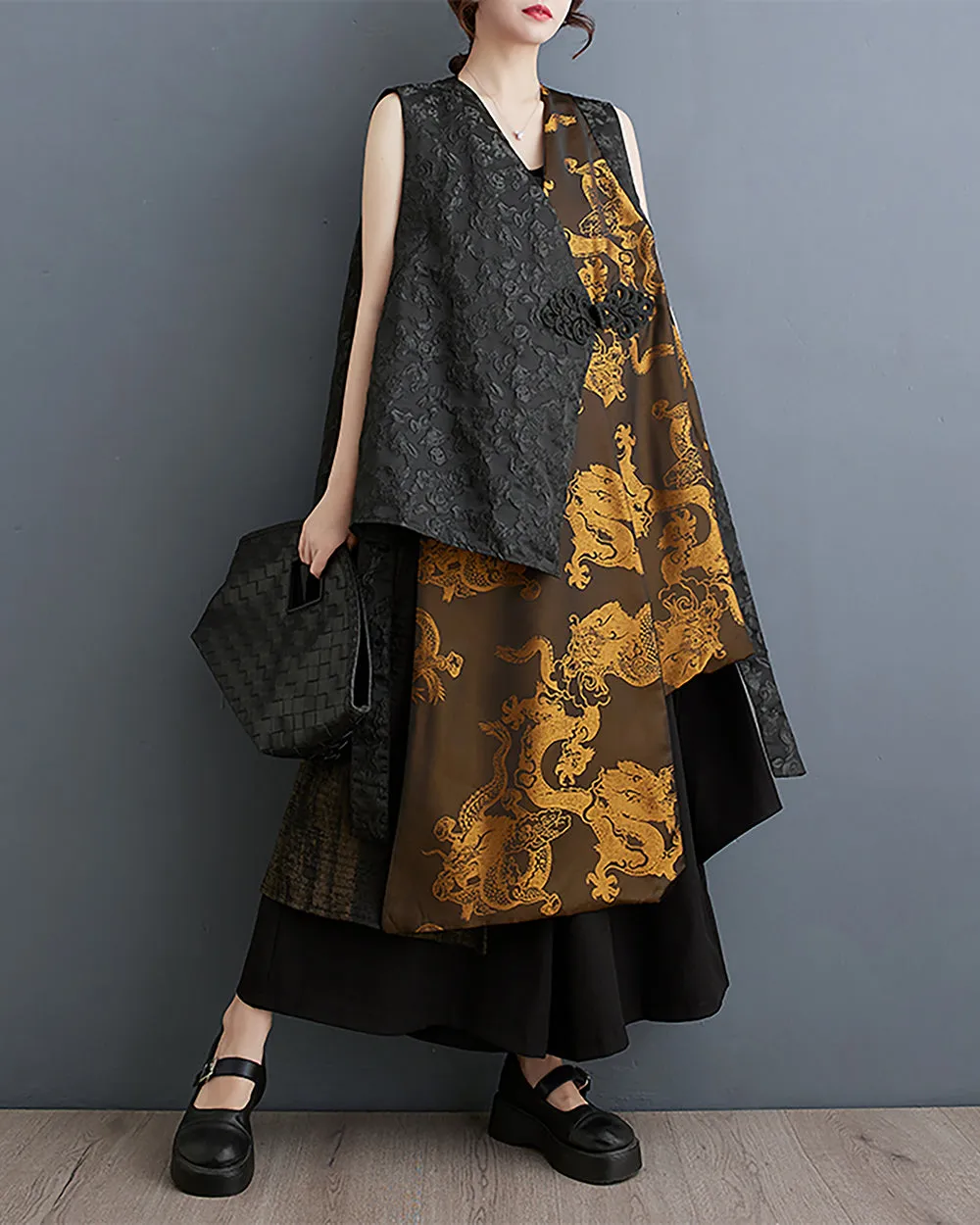 ellazhu Women's Outerwear V-Neck Sleeveless Black and Golden Dragon Pattern Oversize Loose GZ241