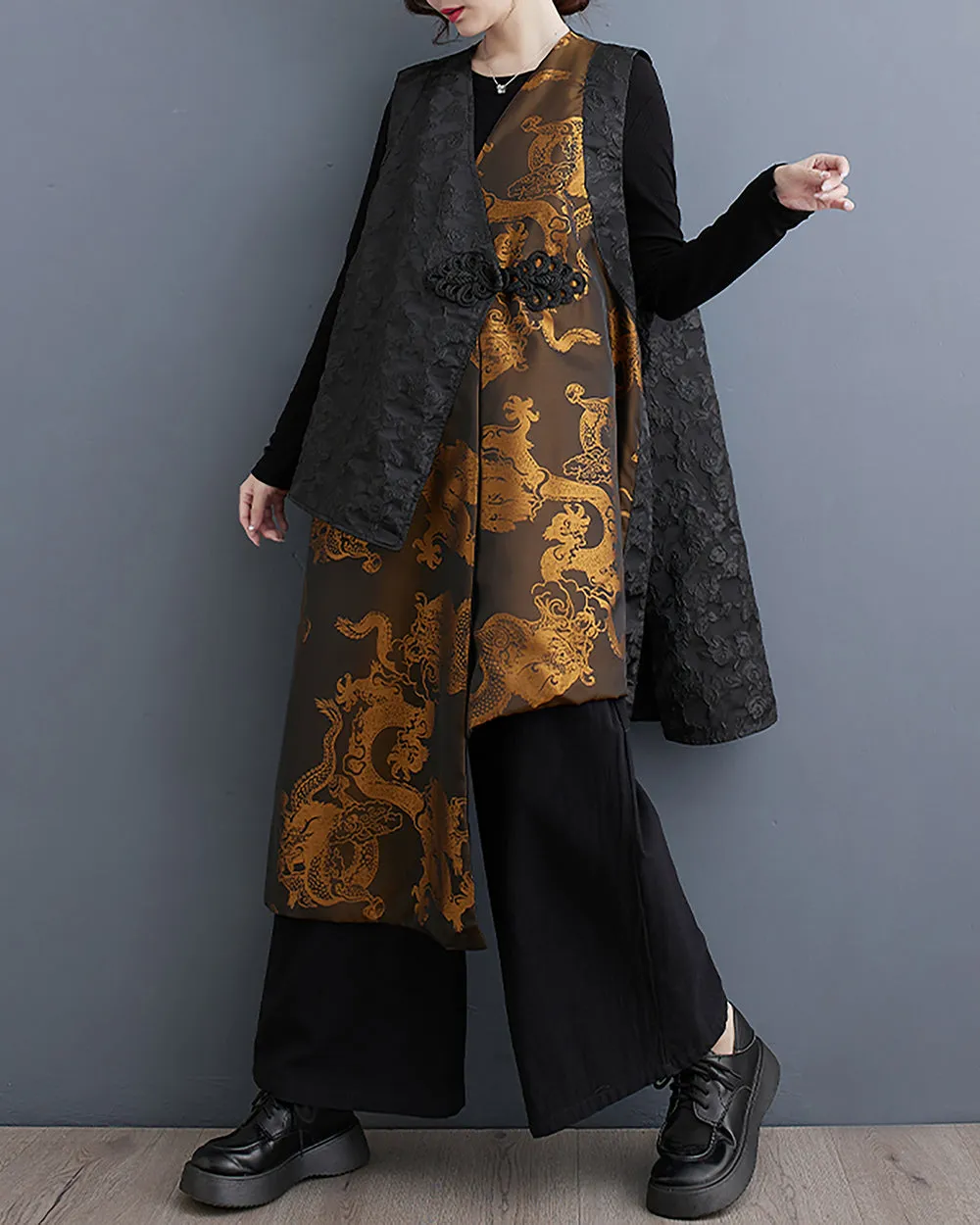 ellazhu Women's Outerwear V-Neck Sleeveless Black and Golden Dragon Pattern Oversize Loose GZ241