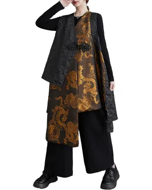 ellazhu Women's Outerwear V-Neck Sleeveless Black and Golden Dragon Pattern Oversize Loose GZ241