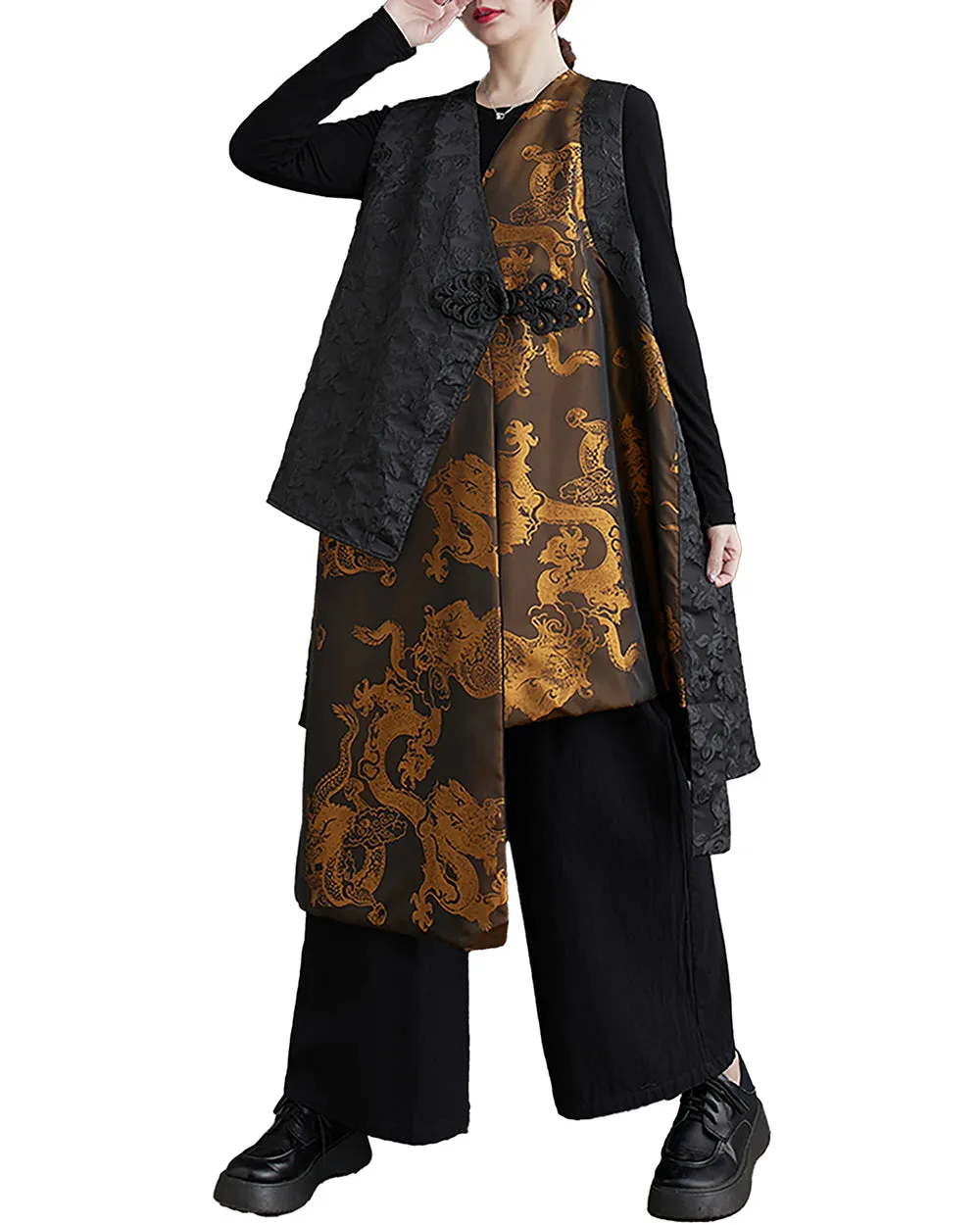 ellazhu Women's Outerwear V-Neck Sleeveless Black and Golden Dragon Pattern Oversize Loose GZ241