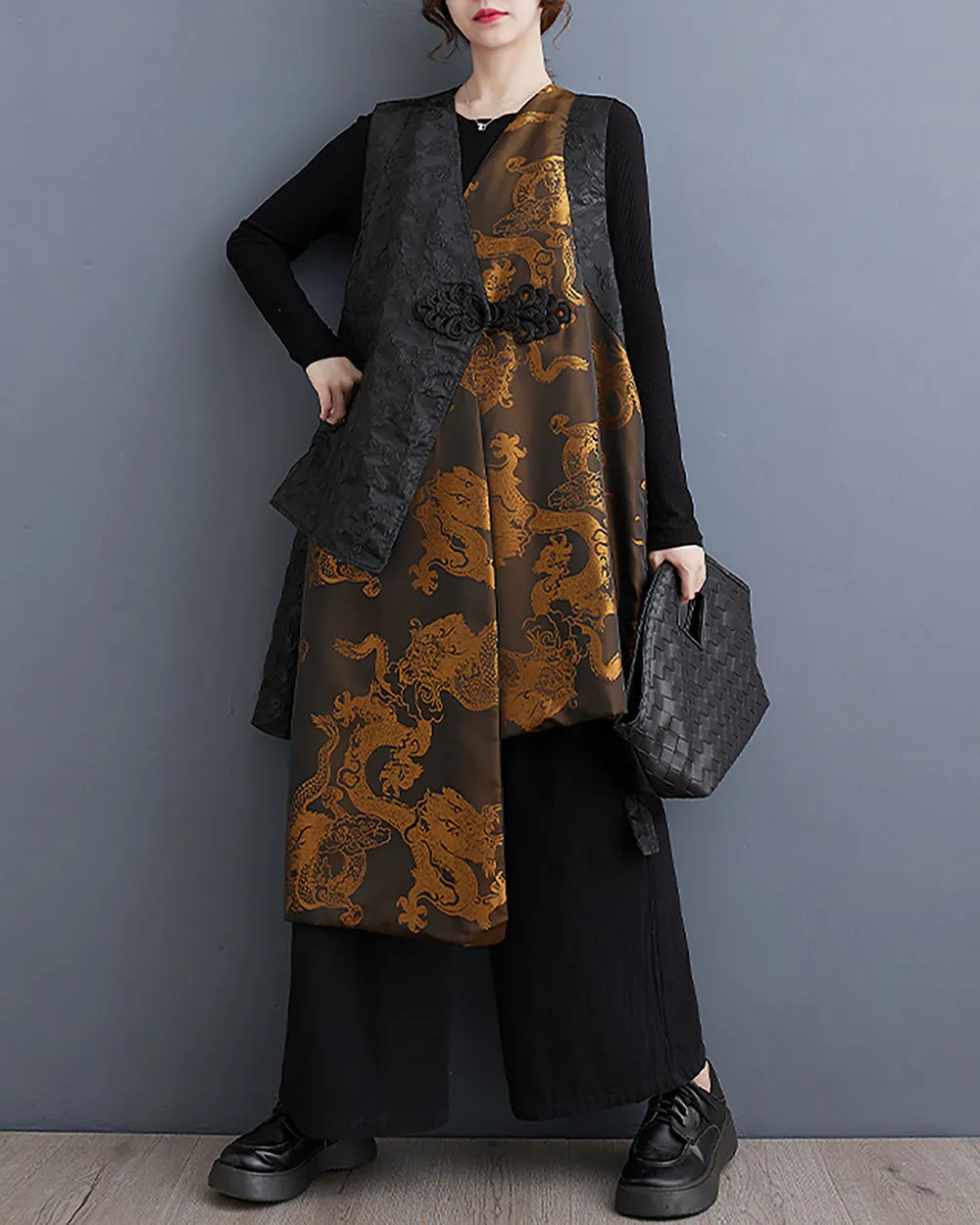 ellazhu Women's Outerwear V-Neck Sleeveless Black and Golden Dragon Pattern Oversize Loose GZ241
