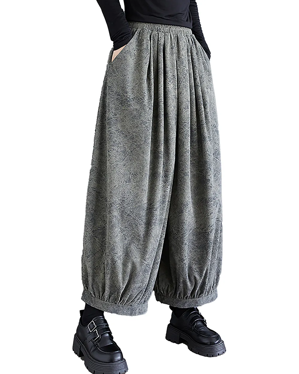 ellazhu Women's Pants Elastic Waist Two Side Pockets Solid Color Baggy Loose Oversize Trouser GZ292