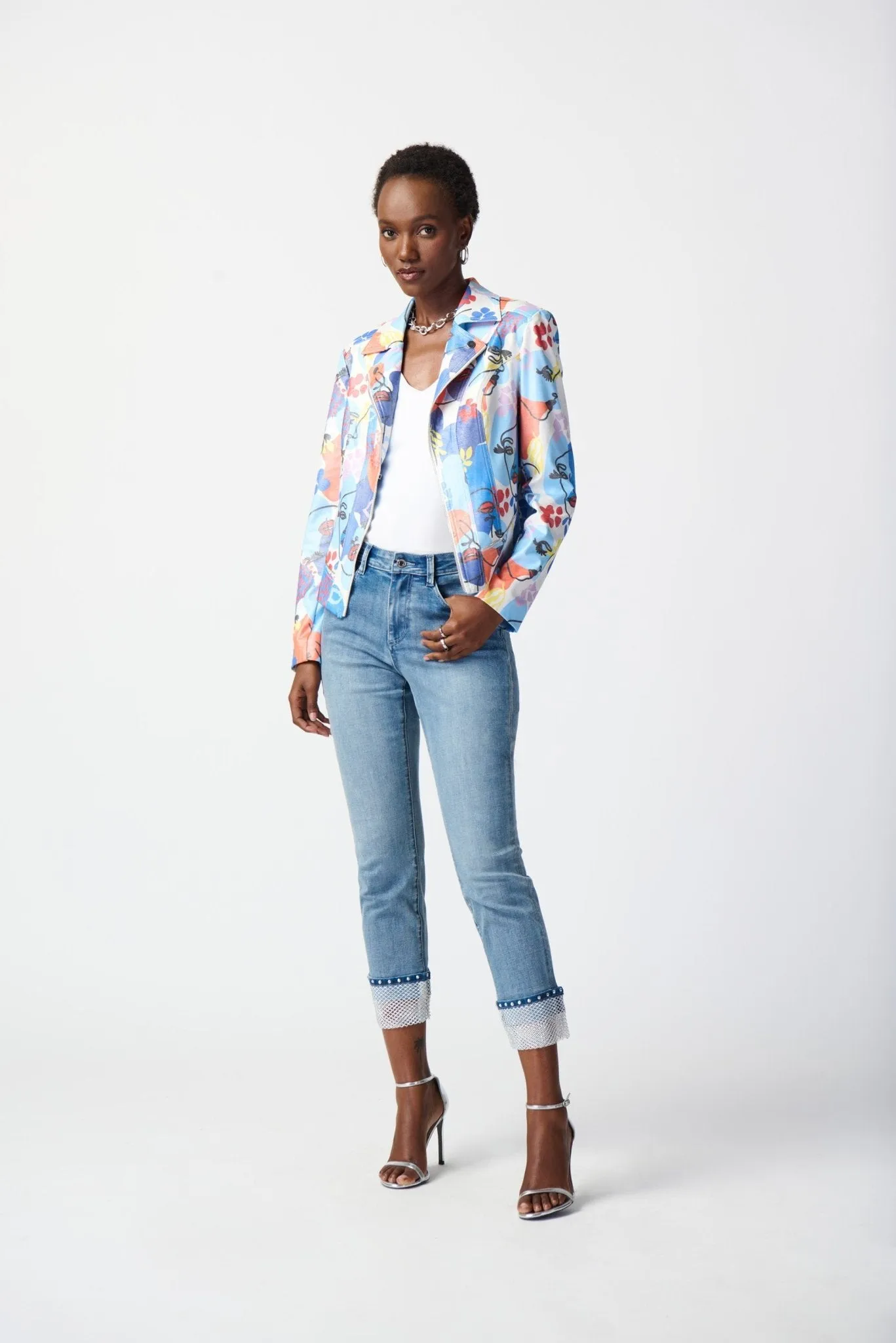 Face Print Faux Suede Moto Jacket Style 241910 | Multi
