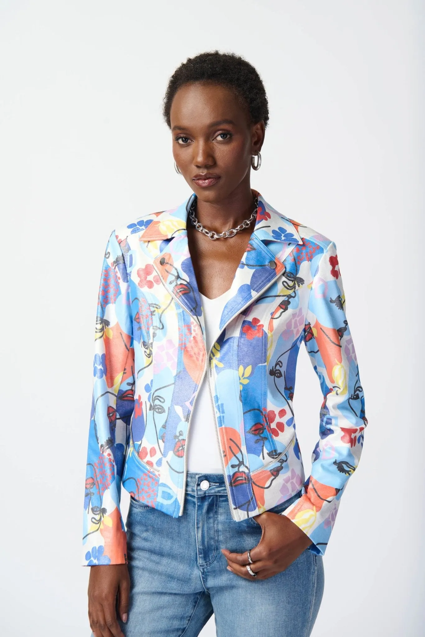 Face Print Faux Suede Moto Jacket Style 241910 | Multi