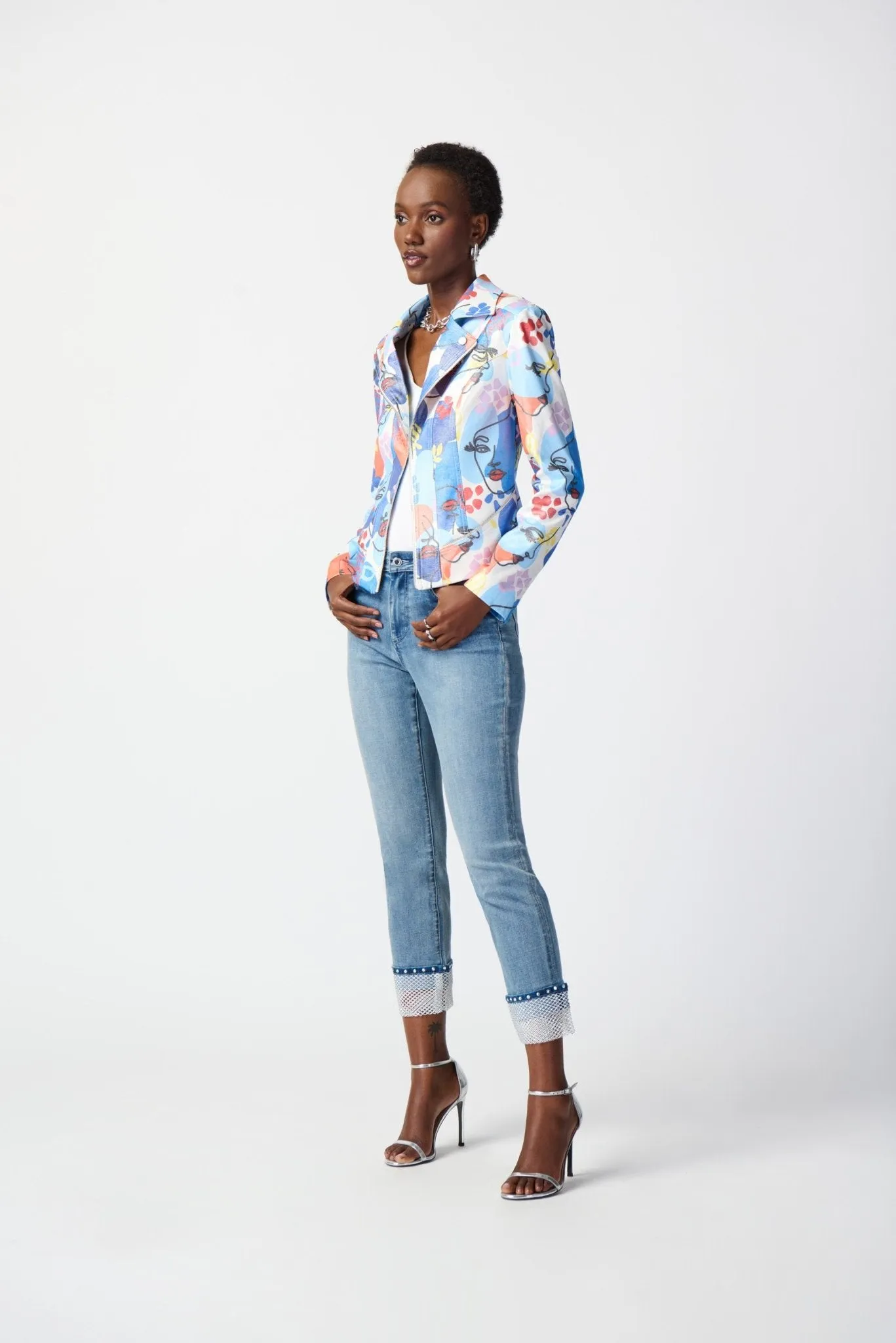 Face Print Faux Suede Moto Jacket Style 241910 | Multi