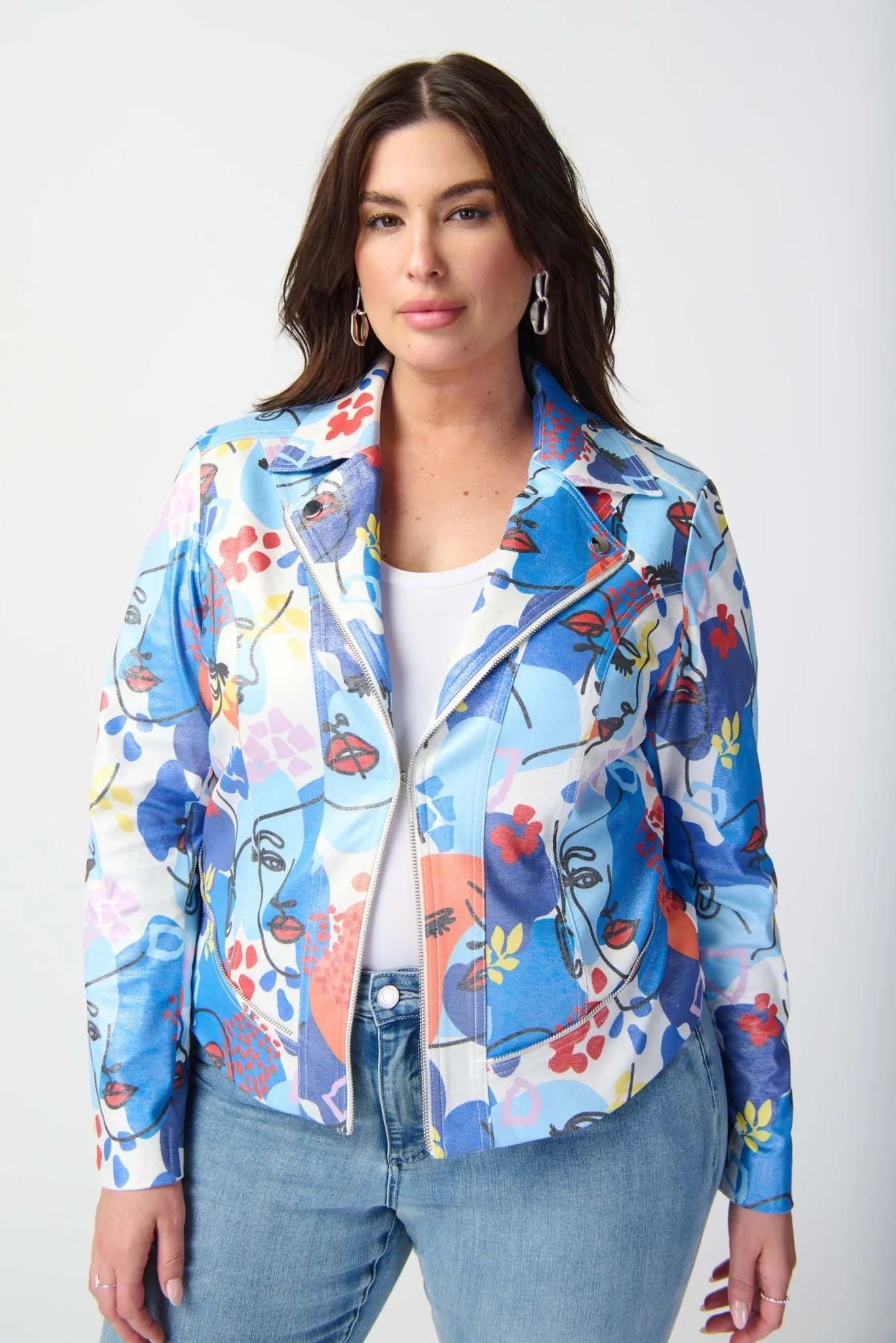 Face Print Faux Suede Moto Jacket Style 241910 | Multi