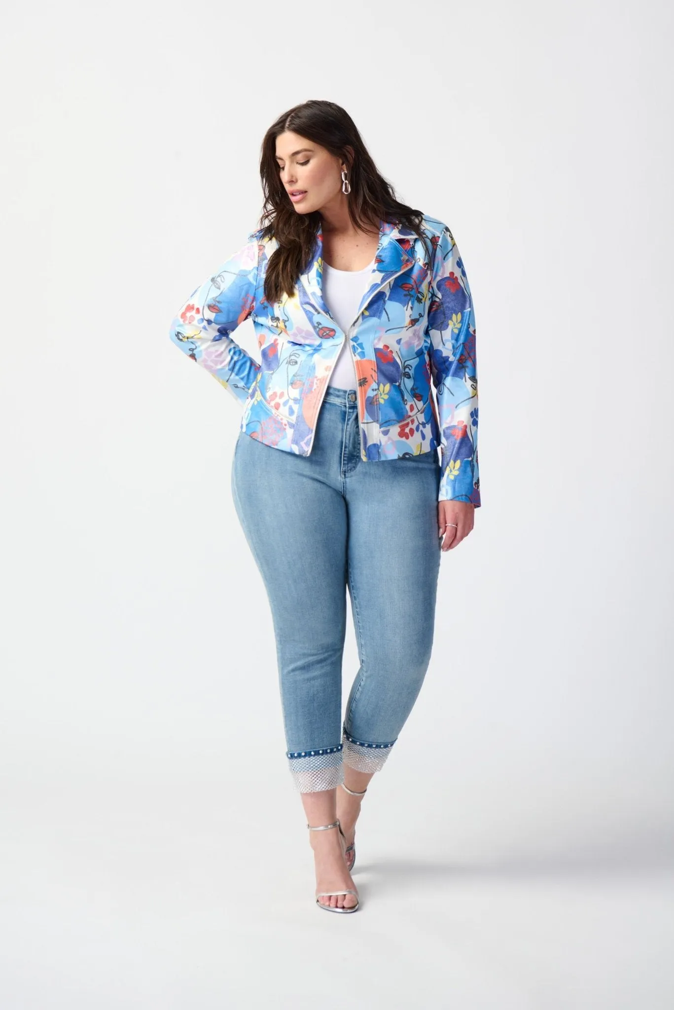 Face Print Faux Suede Moto Jacket Style 241910 | Multi