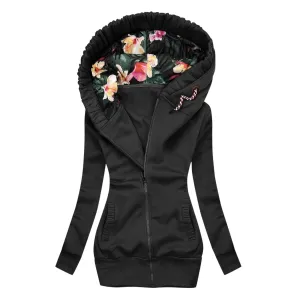 Flower Print Hooded Sweatshirt Plus Size Zipper Jacket Coat