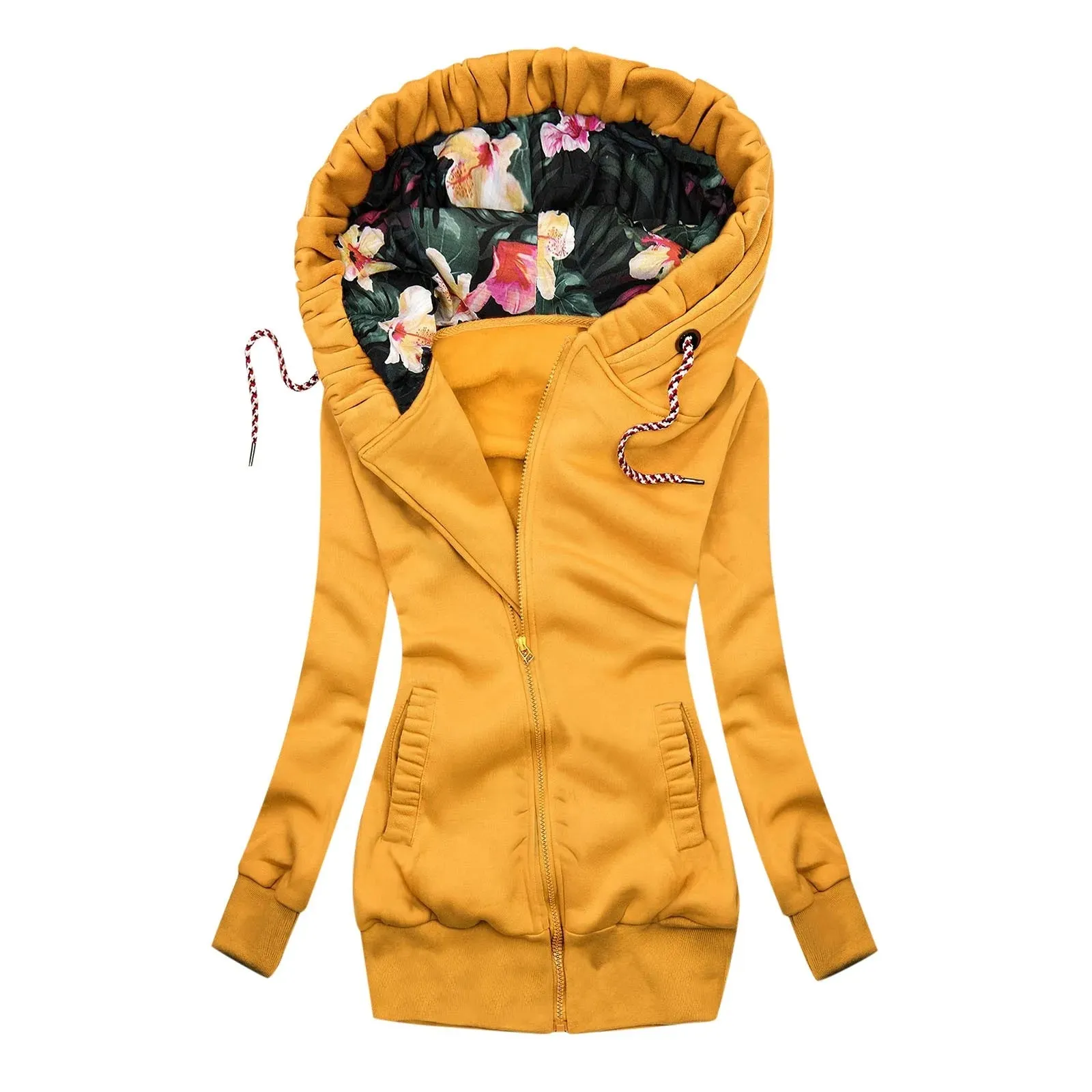 Flower Print Hooded Sweatshirt Plus Size Zipper Jacket Coat