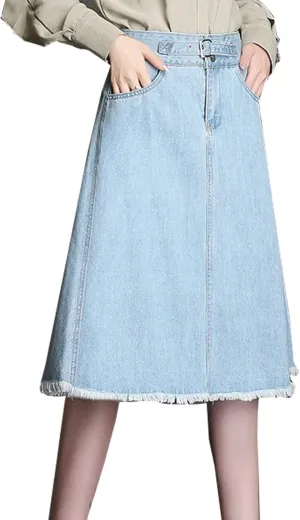 Flygo Womens High Waist Flare Midi Long Denim Full Skirt Blue Jean Skirts