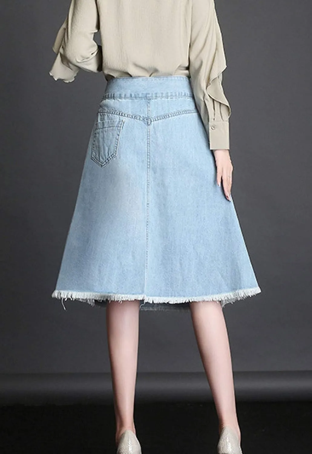 Flygo Womens High Waist Flare Midi Long Denim Full Skirt Blue Jean Skirts