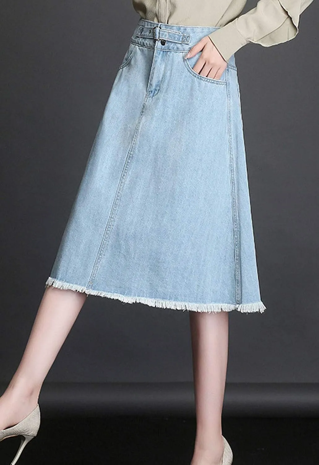 Flygo Womens High Waist Flare Midi Long Denim Full Skirt Blue Jean Skirts