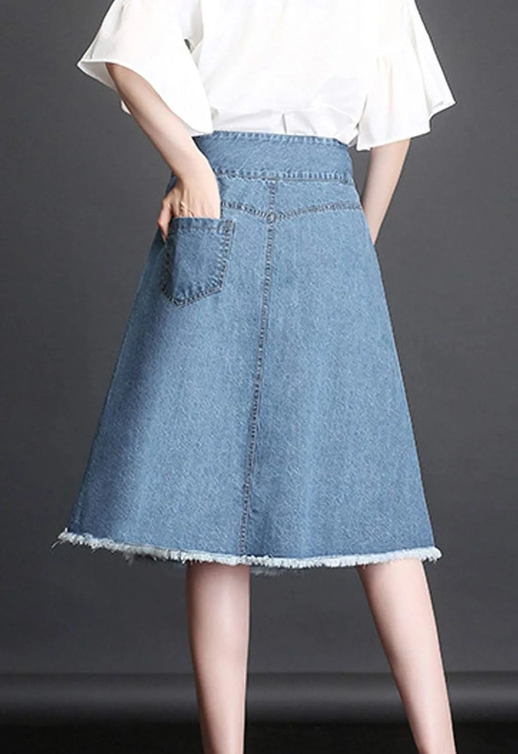 Flygo Womens High Waist Flare Midi Long Denim Full Skirt Blue Jean Skirts