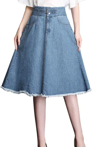 Flygo Womens High Waist Flare Midi Long Denim Full Skirt Blue Jean Skirts