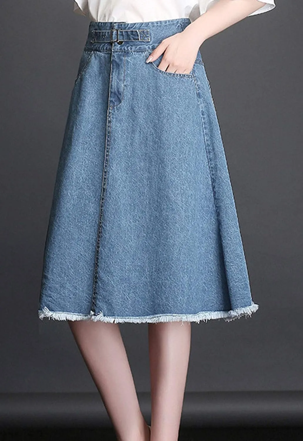 Flygo Womens High Waist Flare Midi Long Denim Full Skirt Blue Jean Skirts