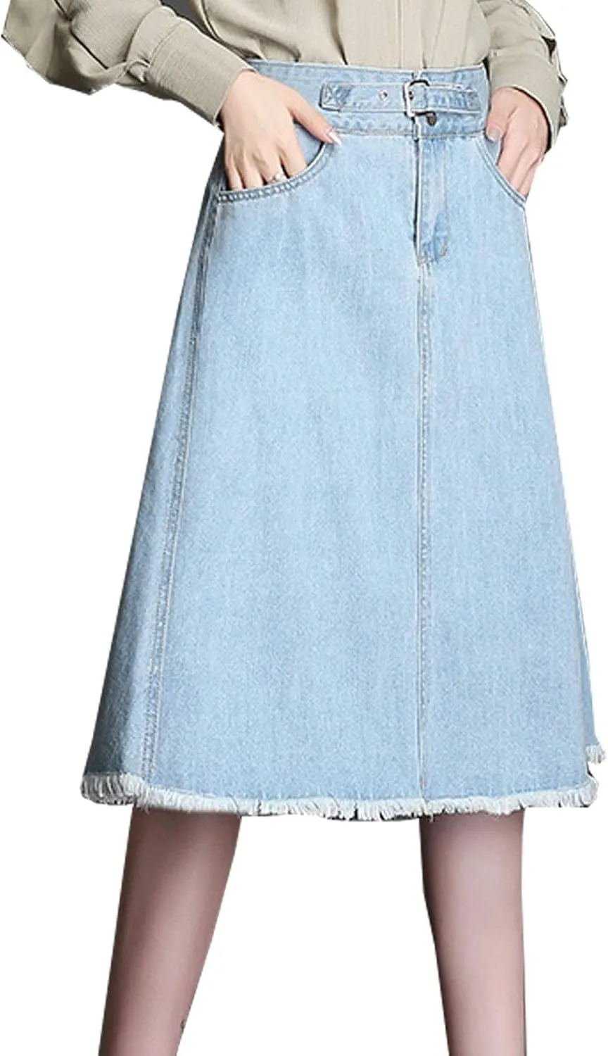 Flygo Womens High Waist Flare Midi Long Denim Full Skirt Blue Jean Skirts