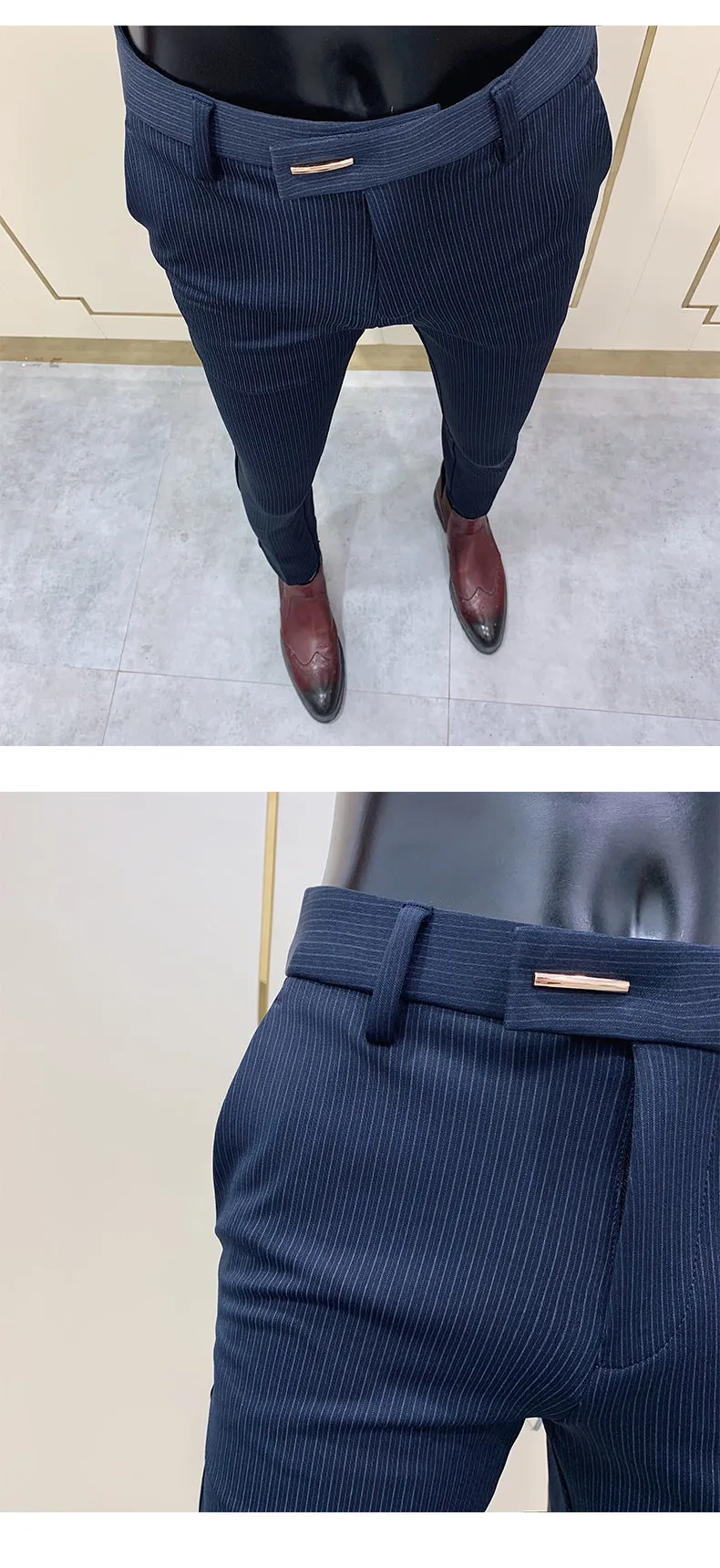 Jinquedai New Striped Suit Pants Men Elegant Skinny Fit Office Pant Men Trousers Pant For Man Business Slim Fit Dress Ankle Trousers