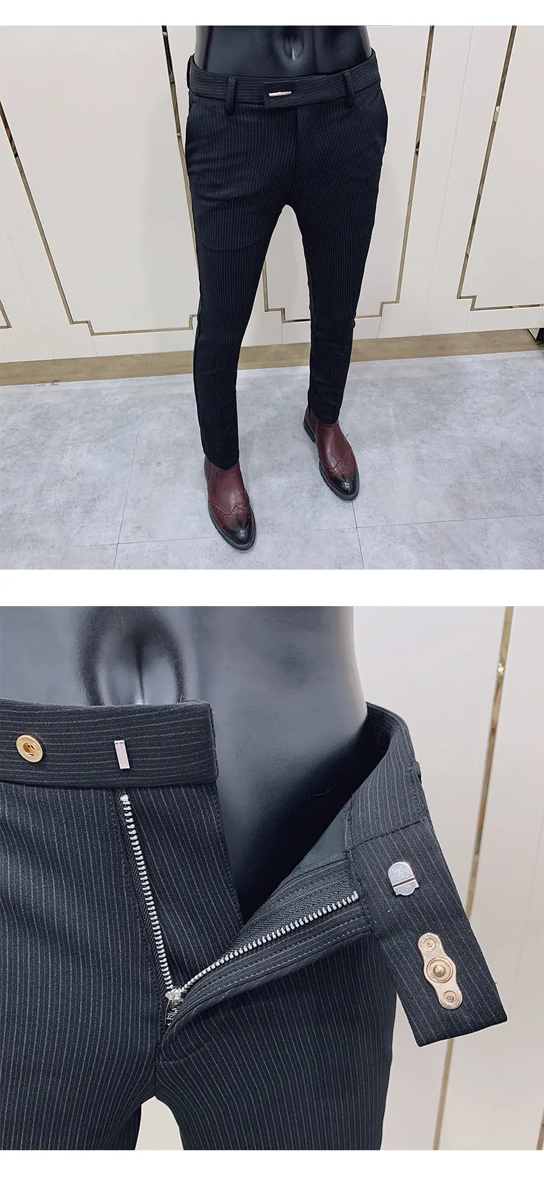 Jinquedai New Striped Suit Pants Men Elegant Skinny Fit Office Pant Men Trousers Pant For Man Business Slim Fit Dress Ankle Trousers