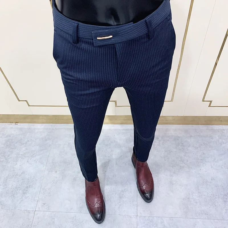 Jinquedai New Striped Suit Pants Men Elegant Skinny Fit Office Pant Men Trousers Pant For Man Business Slim Fit Dress Ankle Trousers