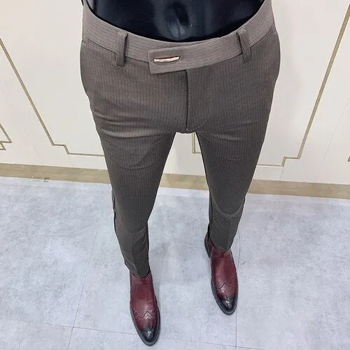 Jinquedai New Striped Suit Pants Men Elegant Skinny Fit Office Pant Men Trousers Pant For Man Business Slim Fit Dress Ankle Trousers