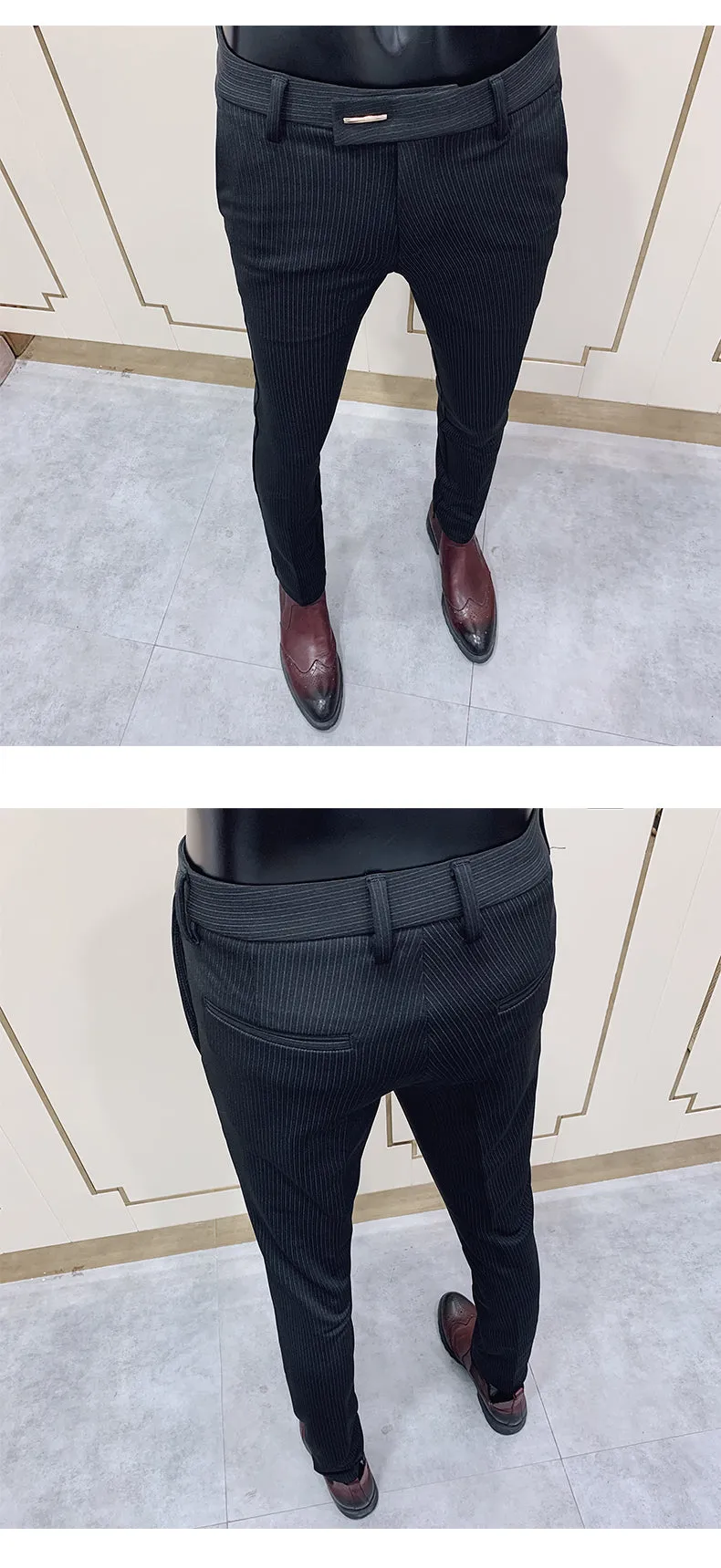 Jinquedai New Striped Suit Pants Men Elegant Skinny Fit Office Pant Men Trousers Pant For Man Business Slim Fit Dress Ankle Trousers
