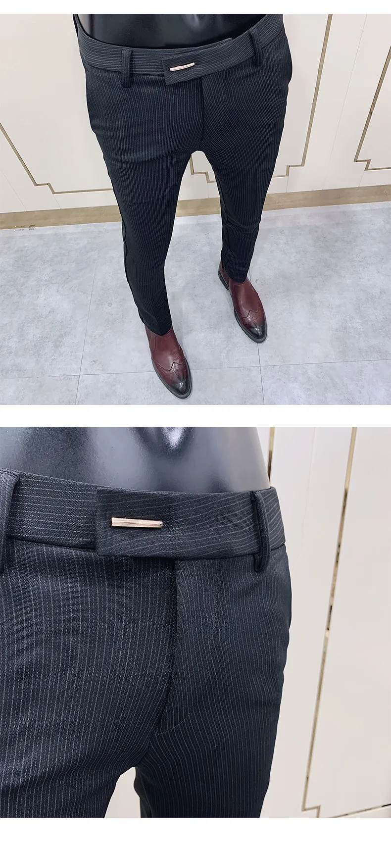 Jinquedai New Striped Suit Pants Men Elegant Skinny Fit Office Pant Men Trousers Pant For Man Business Slim Fit Dress Ankle Trousers