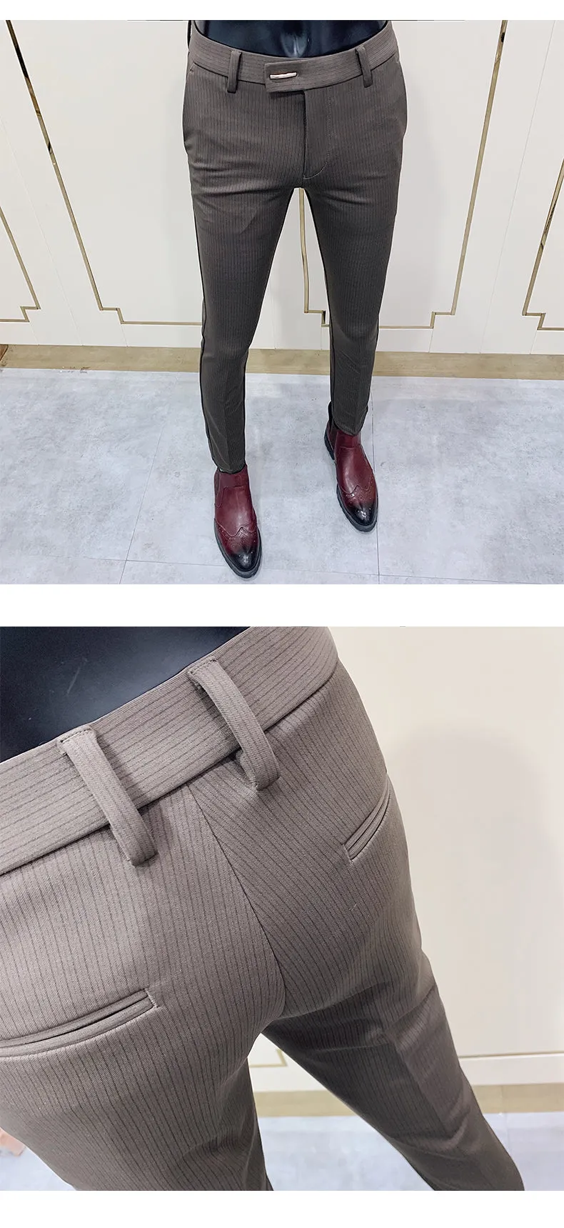 Jinquedai New Striped Suit Pants Men Elegant Skinny Fit Office Pant Men Trousers Pant For Man Business Slim Fit Dress Ankle Trousers