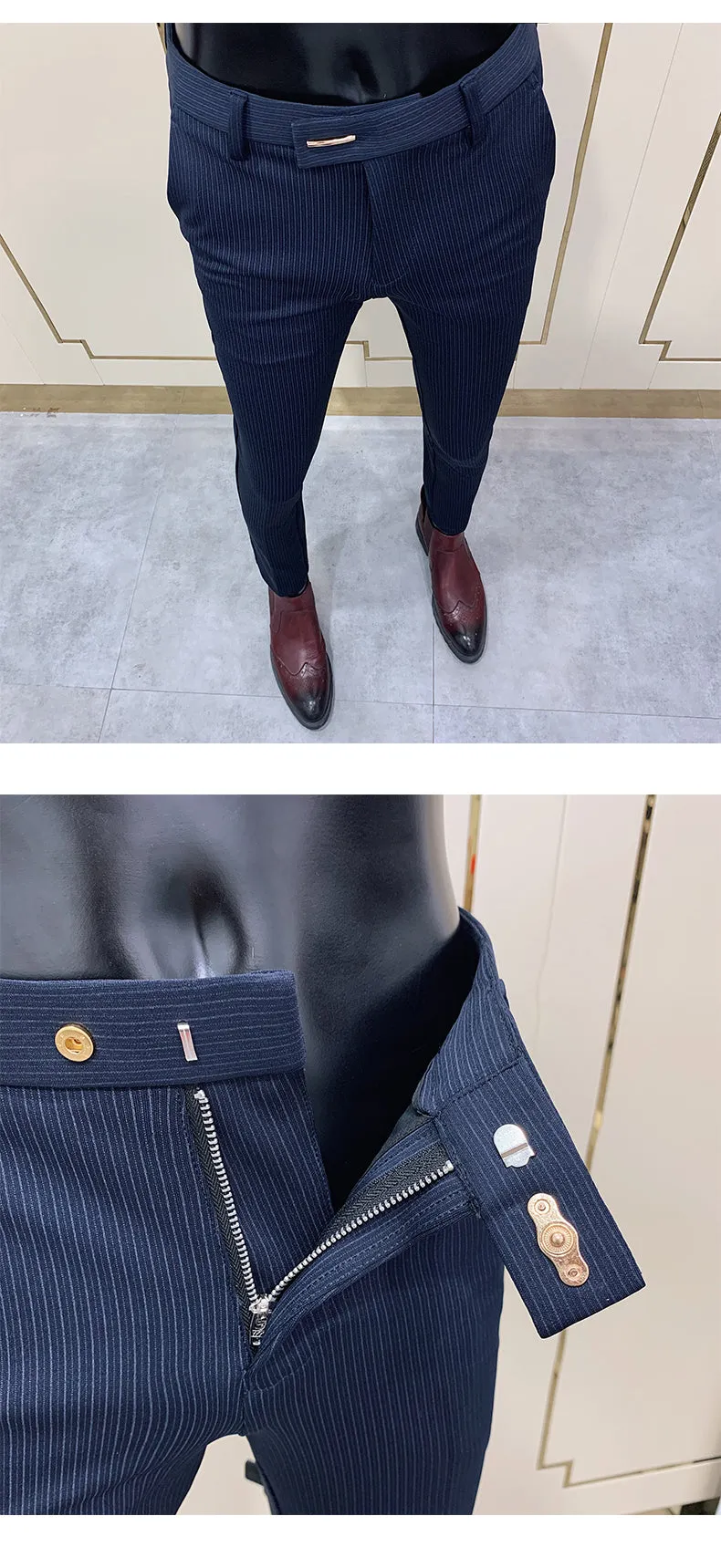Jinquedai New Striped Suit Pants Men Elegant Skinny Fit Office Pant Men Trousers Pant For Man Business Slim Fit Dress Ankle Trousers